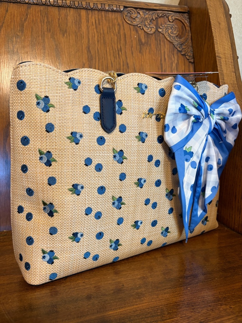 NWT-Betsey Johnson-Blueberry🫐Embroidered-Large XO Tote-Woven Straw-Natural-$118 - Picture 4 of 16